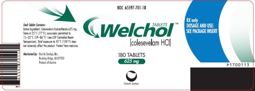 PRINCIPAL DISPLAY PANEL NDC: <a href=/NDC/65597-701-18>65597-701-18</a> TABLETS Welchol (colesevelam HCI) 180 TABLETS 625 mg