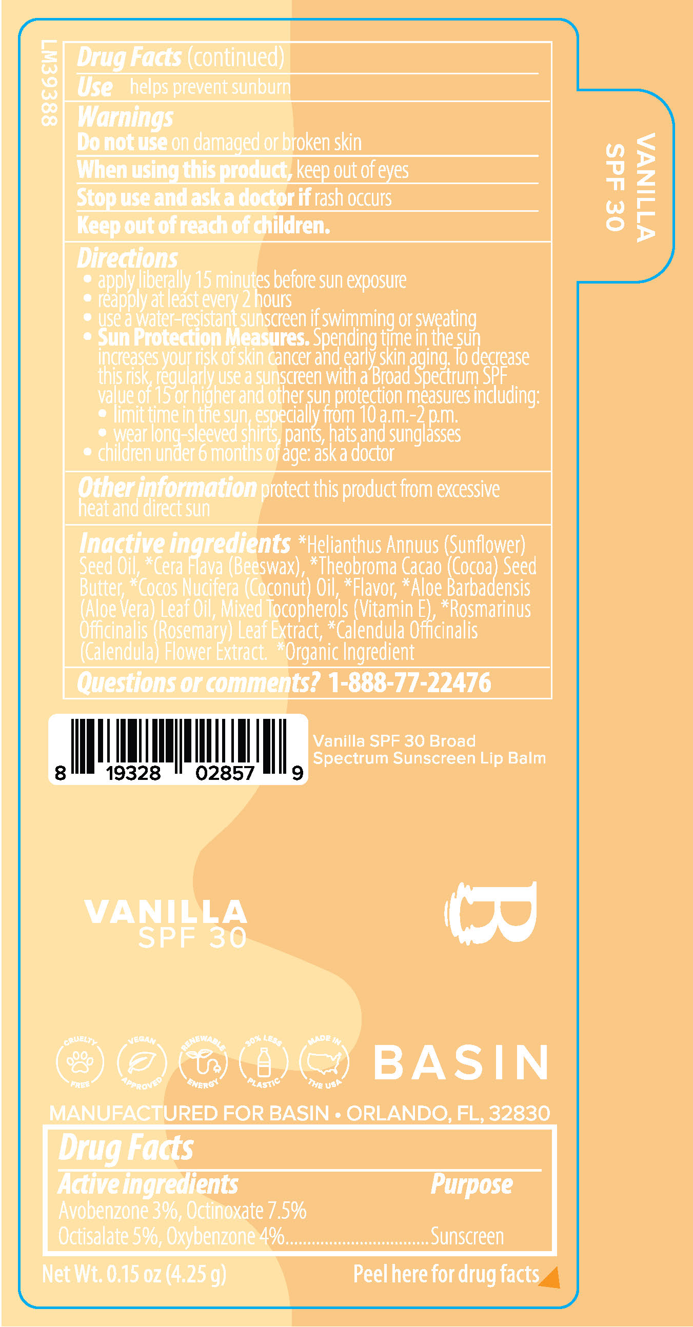 LM39388 Basin Vanilla SPF 30 Broad Spectrum Sunscreen 0.15 oz Lip Balm Label Artwork
