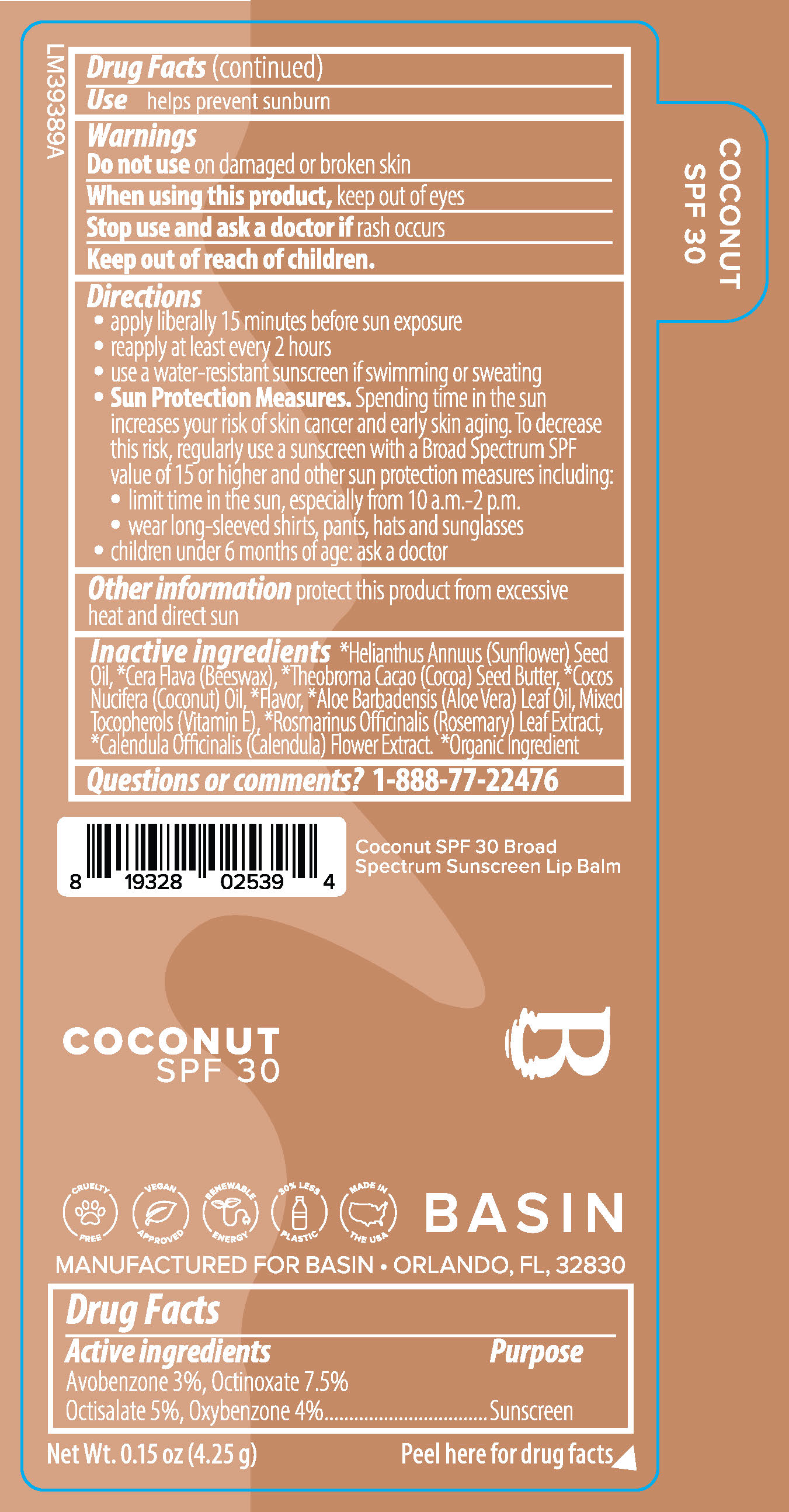 Basin Coconut SPF 30 Broad Spectrum Sunscreen Lip Balm 0.15 oz Label