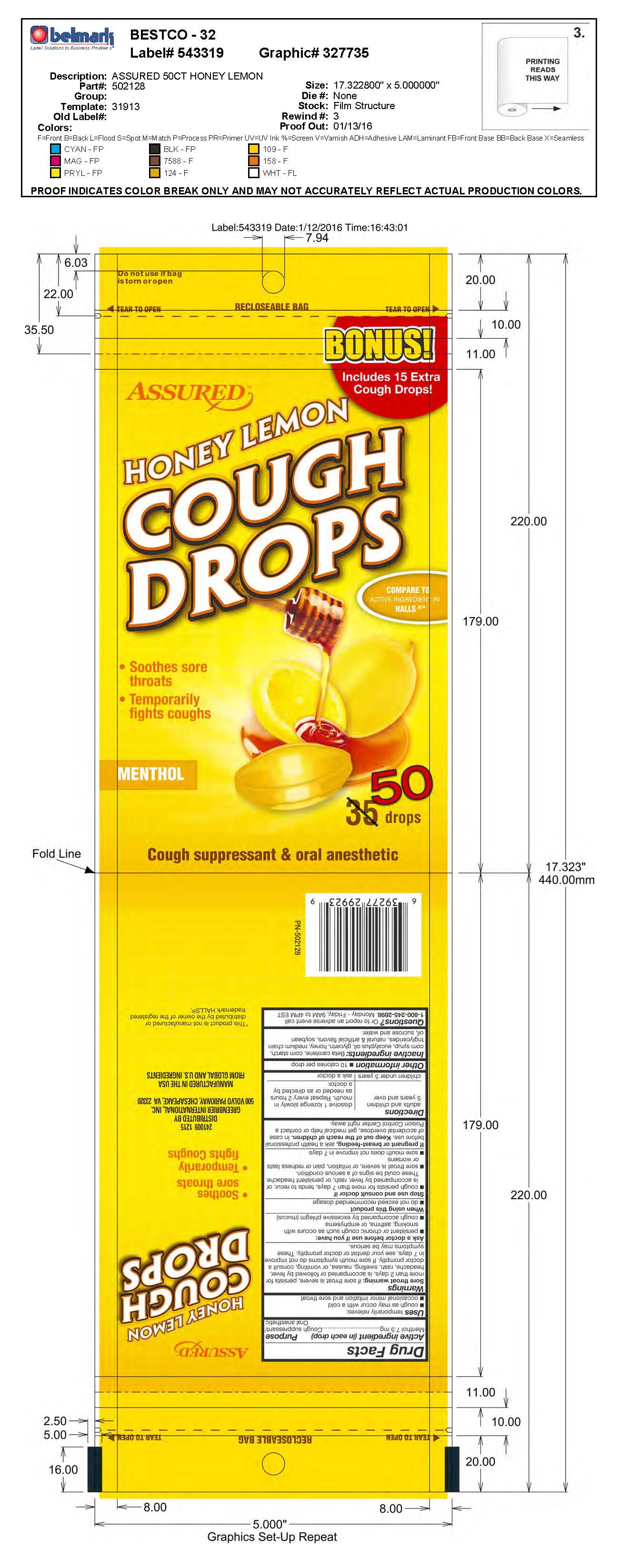 Assured Honey Lemon 50ct cough drops 