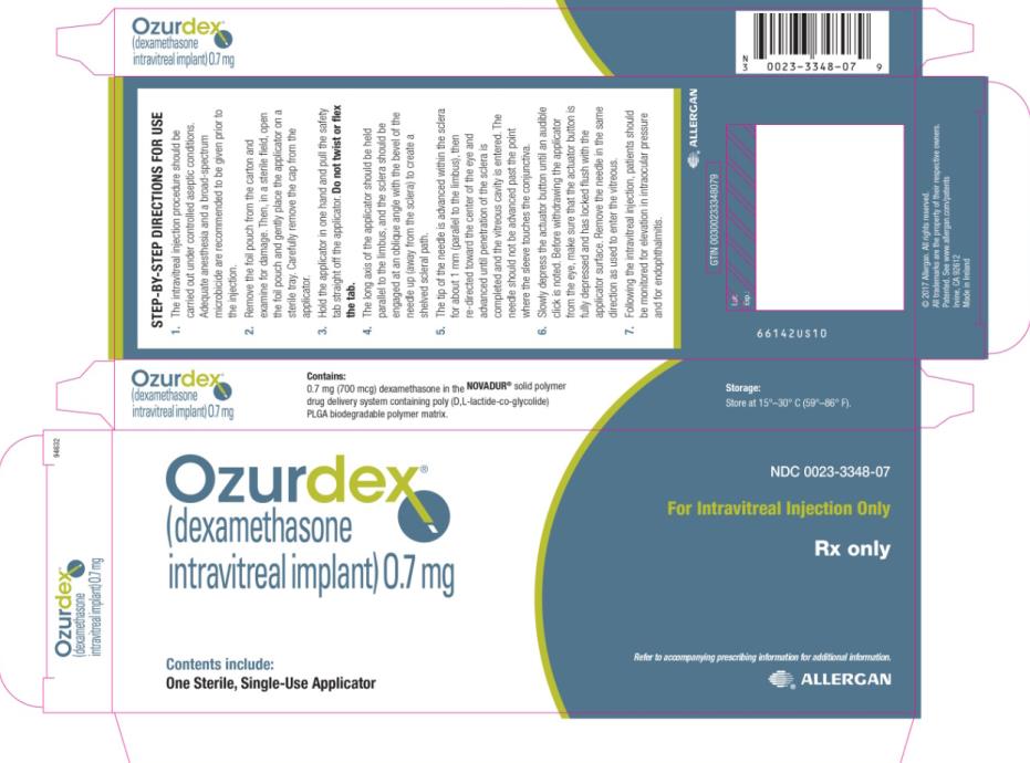 PRINCIPAL DISPLAY PANEL
NDC: <a href=/NDC/0023-3348-07>0023-3348-07</a>
Ozurdex
(dexamethasone
intravitreal implant) 0.7 mg
For Intravitreal Injection Only
Rx Only
