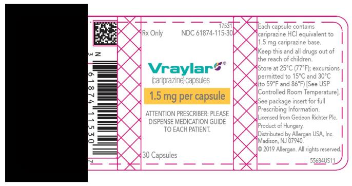 PRINCIPAL DISPLAY PANEL
NDC: <a href=/NDC/61874-115-30>61874-115-30</a>
Vraylar
(cariprazine) Capsules
1.5 mg per capsule
30 Capsules
Rx Only
