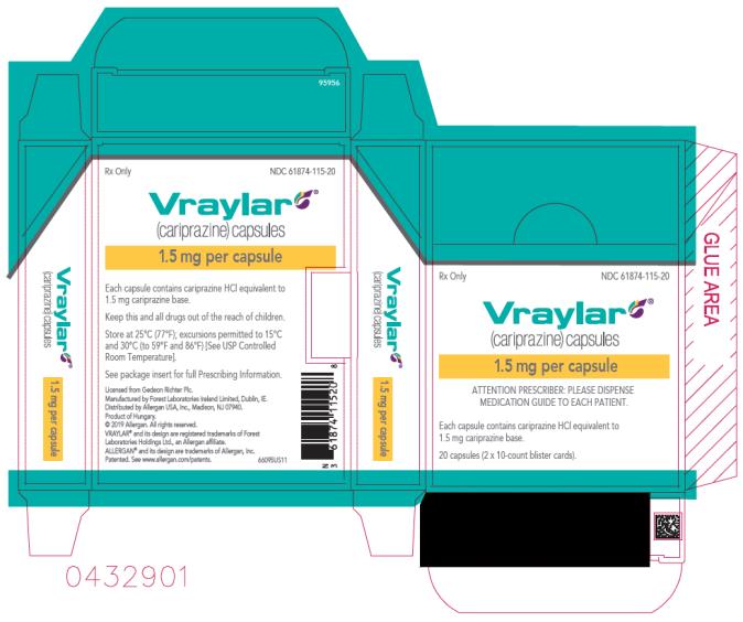 PRINCIPAL DISPLAY PANEL
NDC: <a href=/NDC/61874-115-20>61874-115-20</a>
Vraylar
(cariprazine) Capsules
1.5 mg per capsule
20 capsules (2x10-count blister cards)
Rx Only
