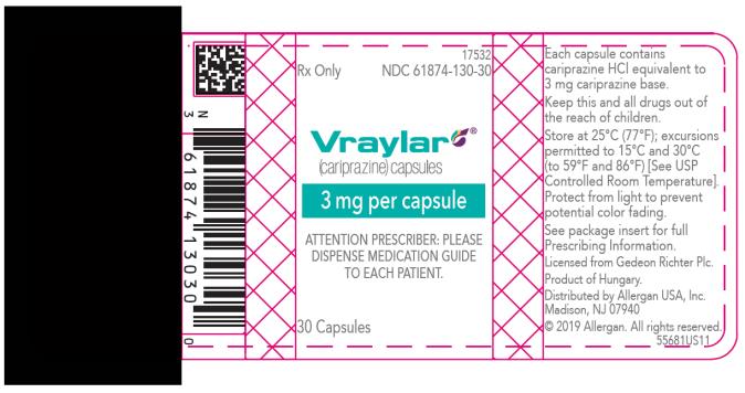 PRINCIPAL DISPLAY PANEL
NDC: <a href=/NDC/61874-130-30>61874-130-30</a>
Vraylar
(cariprazine) Capsules
3 mg per capsule
30 Capsules
Rx Only
