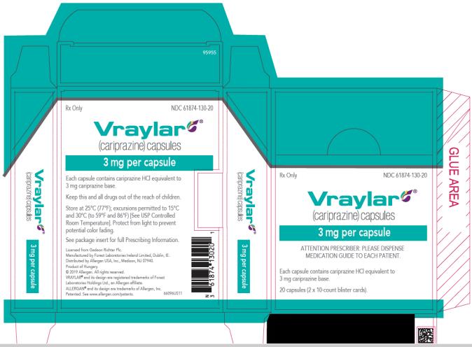PRINCIPAL DISPLAY PANEL
NDC: <a href=/NDC/61874-130-20>61874-130-20</a>
Vraylar
(cariprazine) Capsules
3 mg per capsule
20 capsules (2x10-count blister cards)
Rx Only
