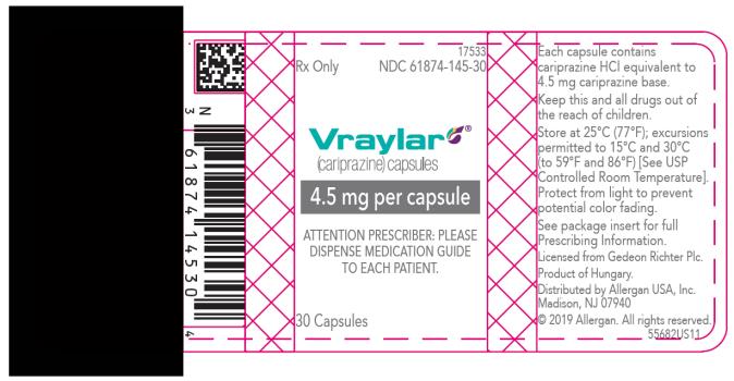 PRINCIPAL DISPLAY PANEL
NDC: <a href=/NDC/61874-145-30>61874-145-30</a>
Vraylar
(cariprazine) Capsules
4.5 mg per capsule
30 Capsules
Rx Only
