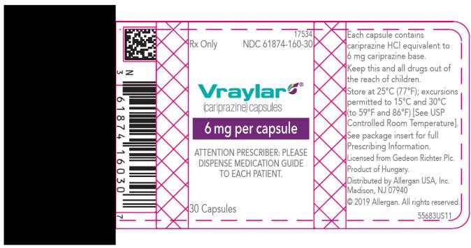 PRINCIPAL DISPLAY PANEL
NDC: <a href=/NDC/61874-160-30>61874-160-30</a>
Vraylar
(cariprazine) Capsules
6 mg per capsule
30 Capsules
Rx Only
