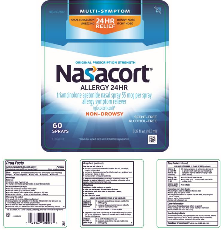 NDC: <a href=/NDC/41167-5800-3>41167-5800-3</a>
Multi-Symptom
Nasal Allergy Spray
Nasacort 
Allergy 24HR
triamcinolone acetonide nasal spray 55 mcg per spray
allergy symptom reliever
(glucocorticoid)*
0.37 fl. oz. (10.8 ml) 60 Sprays

*Triamcinolone acetonide 
is a steroid medicine
known as a glucocorticoid.
