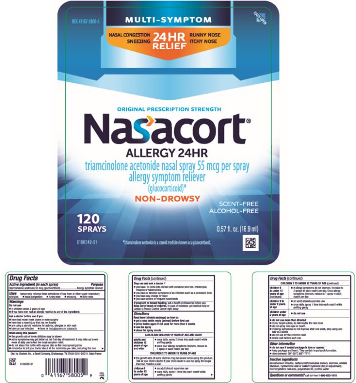 Original Prescription Strength
NDC: <a href=/NDC/41167-5800-5>41167-5800-5</a>
Multi-Symptom
Nasal Allergy Spray
Nasacort
Allergy 24HR
triamcinolone acetonide nasal spray 55 mcg per spray
allergy symptom reliever
(glucocorticoid)*
0.57 fl. oz. (16.9 ml) 120 Sprays

*Triamcinolone acetonide 
is a steroid medicine
known as a glucocorticoid.
