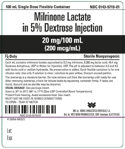100 mL Single Dose Flexible Container NDC: <a href=/NDC/0143-9719-01>0143-9719-01</a> Milrinone Lactate in 5% Dextrose Injection 20 mg/100 mL (200 mcg/mL) Rx Only Sterile Nonpyrogenic Each mL contains milrinone lactate equivalent to 0.2 mg milrinone, 0.282 mg lactic acid, 49.4 mg Dextrose Anhydrous, USP in Water for Injection, USP. The pH is adjusted to between 3.2 and 4.0 with lactic acid or sodium hydroxide. No preservative is added. Each flexible container is for one infusion only. Use only if solution is clear, colorless to pale yellow. Discard unused portion. The overwrap is a moisture barrier. Do not remove unit from the overwrap until ready for use. After removing overwrap, check for minute leaks by squeezing container firmly. If leaks are found, discard unit as sterility may be impaired. USUAL DOSAGE: See package insert. Store at 20º to 25ºC (68º to 77ºF) [See USP Controlled Room Temperature]. Protect from freezing. Avoid excessive heat. See insert. MUST NOT BE USED IN SERIES CONNECTIONS. TO OPEN - TEAR AT NOTCH