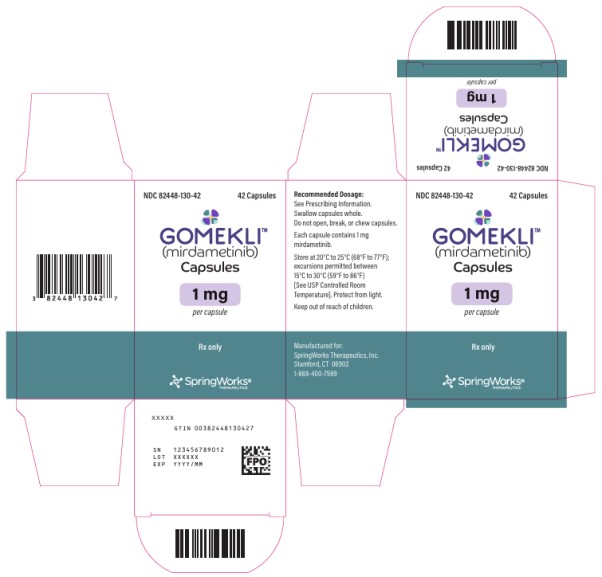 PRINCIPAL DISPLAY PANEL
NDC: <a href=/NDC/82448-130-42>82448-130-42</a>
GOMEKLITM 
(mirdametinib) 
Capsules
1 mg
per Capsules
42 Capsules

