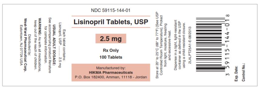 NDC: <a href=/NDC/59115-144-01>59115-144-01</a> Lisinopril Tablets, USP 2.5 mg Rx only 100 Tablets