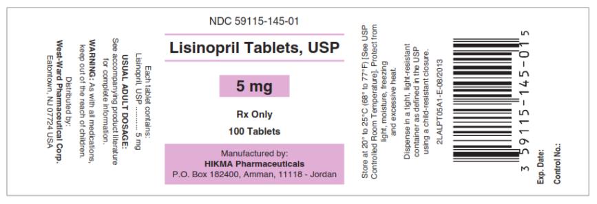 NDC: <a href=/NDC/59115-145-01>59115-145-01</a> Lisinopril Tablets, USP 5 mg Rx only 100 Tablets