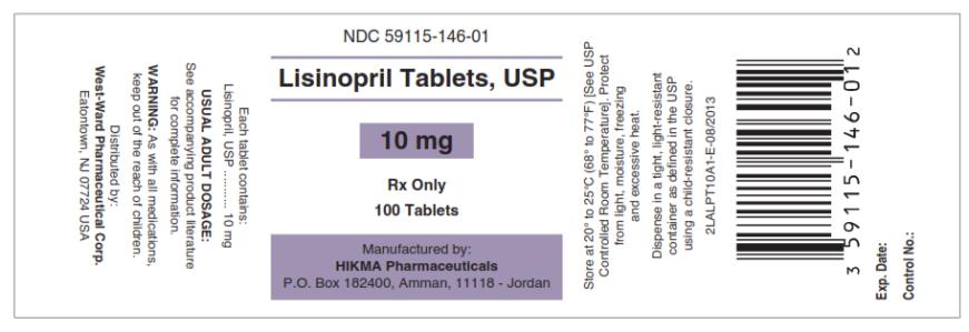 NDC: <a href=/NDC/59115-146-01>59115-146-01</a> Lisinopril Tablets, USP 10 mg Rx only 100 Tablets