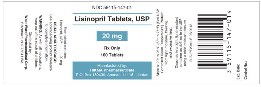 NDC: <a href=/NDC/59115-147-01>59115-147-01</a> Lisinopril Tablets, USP 20 mg Rx only 100 Tablets