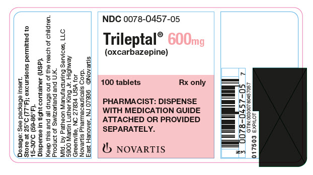 PRINCIPAL DISPLAY PANEL
Package Label – 600 mg
Rx Only		NDC: <a href=/NDC/0078-0457-05>0078-0457-05</a>
Trileptal® (oxcarbazepine)
100 tablets
PHARMACIST: DISPENSE WITH MEDICATION 
GUIDE ATTACHED OR PROVIDED SEPARATELY.
