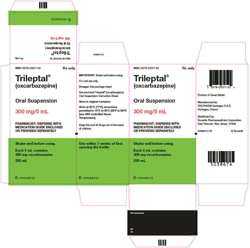 PRINCIPAL DISPLAY PANEL
Package Label – 300 mg / 5 mL
Rx Only		NDC: <a href=/NDC/0078-0357-52>0078-0357-52</a>
Trileptal® Oral Suspension
(oxcarbazepine)IMPORTANT:  Shake well before using.
Each 5 mL contains 300 mg oxcarbazepine.
250 mL
PHARMACIST: DISPENSE WITH MEDICATION 
GUIDE ENCLOSED OR PROVIDED SEPARATELY.
