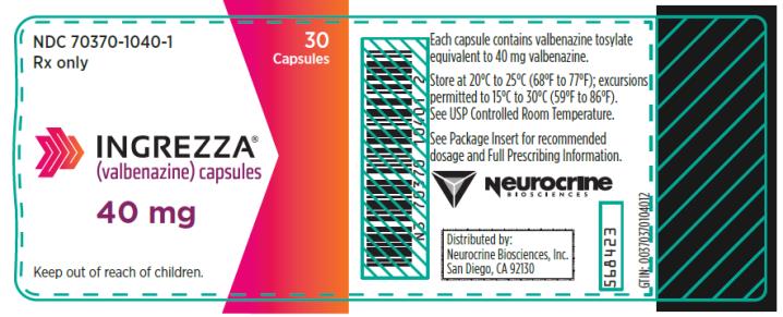 PRINCIPAL DISPLAY PANEL
NDC: <a href=/NDC/70370-1040-1>70370-1040-1</a>
INGREZZA
(valbenazine) capsules
40 mg
30 Capsules
Rx Only
