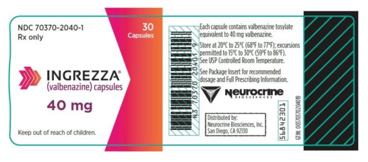 NDC: <a href=/NDC/70370-2040-1>70370-2040-1</a>
INGREZZA
(valbenazine) capsules
40 mg
30 Capsules
Rx Only
