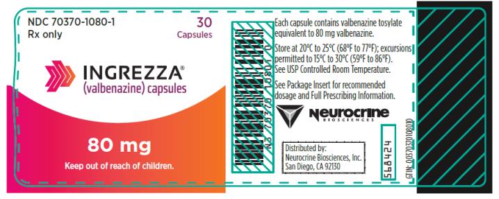 PRINCIPAL DISPLAY PANEL
NDC: <a href=/NDC/70370-1080-1>70370-1080-1</a>
INGREZZA
(valbenazine) capsules
80 mg
30 Capsules
Rx Only

