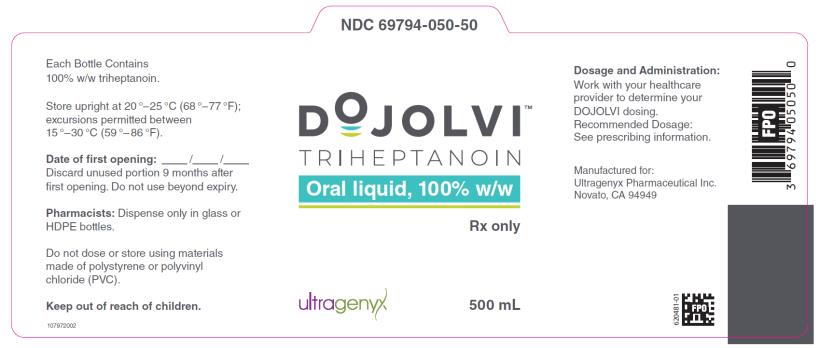 PRINCIPAL DISPLAY PANEL NDC: <a href=/NDC/69794-050-50>69794-050-50</a> DOJOLVI TRIHEPTANOIN Oral liquid, 100% w/w Rx only 500 mL 1 bottle
