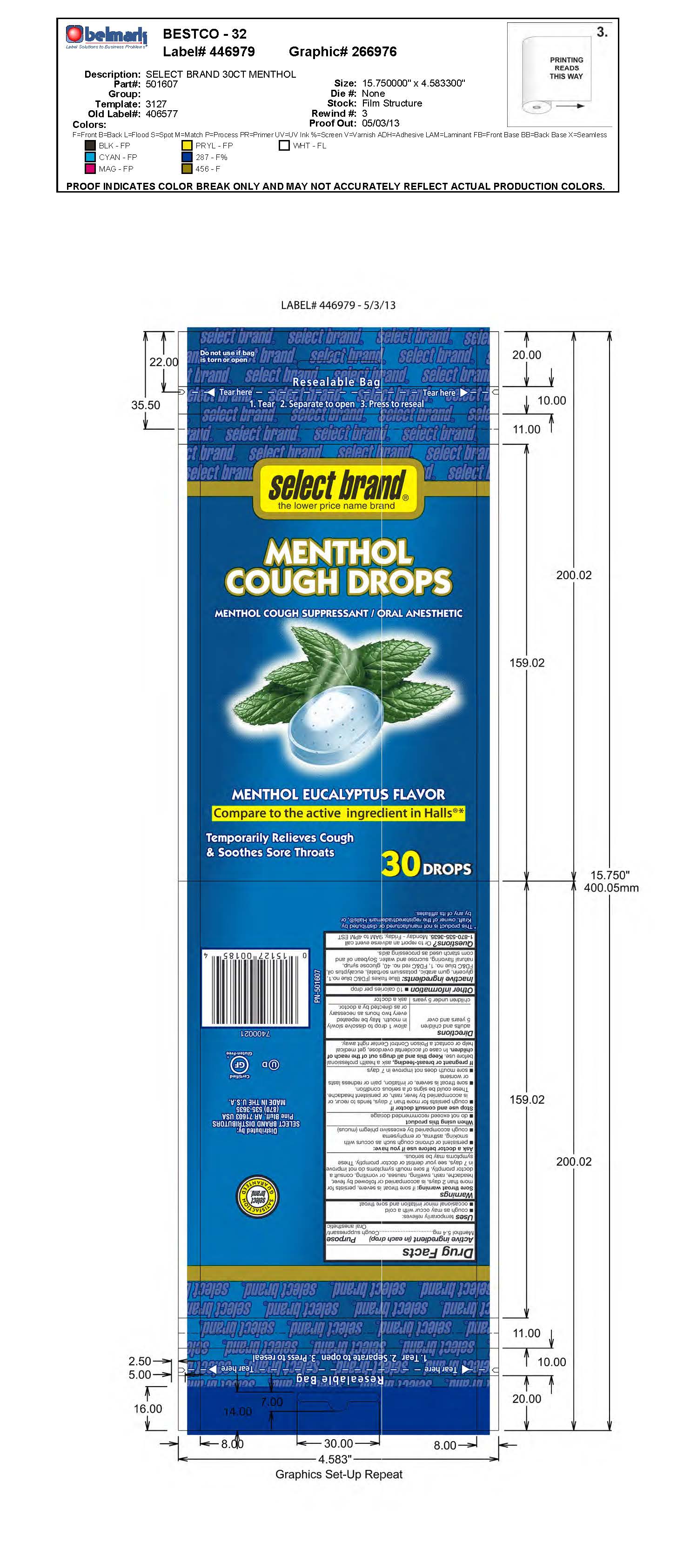 Select Brand Menthol 30ct Cough Drops