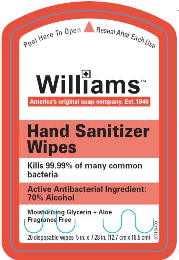 Williams
Hand Sanitizer Wipes
Kills 99.9% of many common bacteria
Active Antibacterial Ingredient: 70% Alcohol
Moisturizing Glycerin + Aloe
Fragrance Free
20 disposable wipes 5 in. x 7.28 in. (12.7 cm x 18.5 cm)
