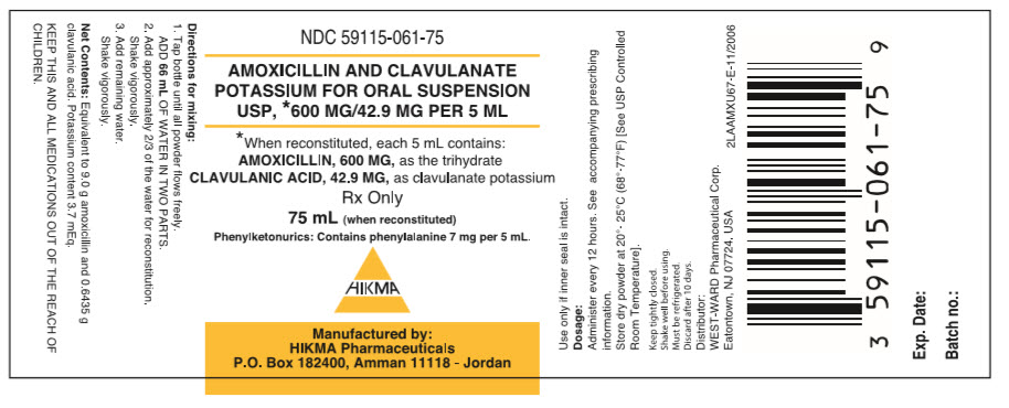 NDC: <a href=/NDC/59115-061-75>59115-061-75</a> AMOXICILLIN AND CLAVULANATE POTASSIUM FOR ORAL SUSPENSION USP, *600 MG/42.39 MG PER 5 ML Rx only 75 mL (when reconstituted)