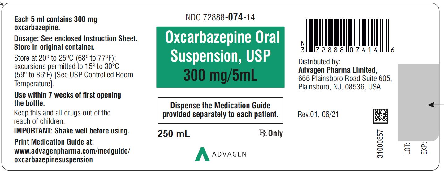 Oxcarbazepine 300 mg/5 mL Oral Suspension - NDC: <a href=/NDC/72888-074-14>72888-074-14</a> - Carton Label