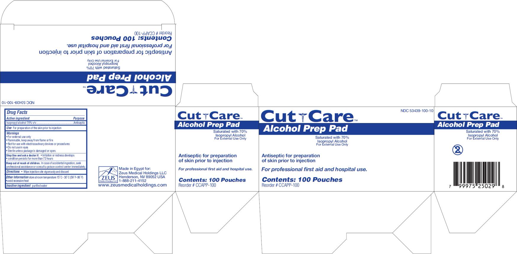 PRINCIPAL DISPLAY PANEL
NDC: <a href=/NDC/53439-100-10>53439-100-10</a>
Cut Care
Alcohol Prep Pad
Saturated with 70% Isopropyl Alcohol
Contents: 100 Pouches