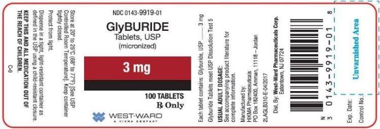 NDC: <a href=/NDC/0143-9919-01>0143-9919-01</a> GlyBURIDE Tablets, USP (micronized) 3 mg 100 TABLETS Rx Only