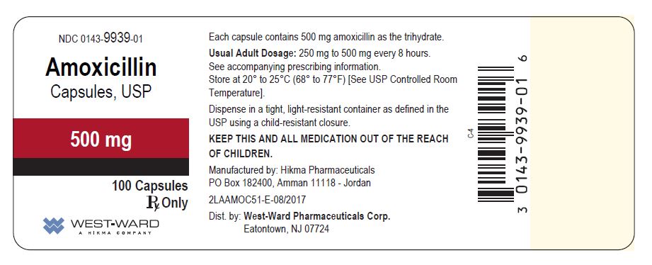 PRINCIPAL DISPLAY PANEL Amoxicillin Capsules, USP 500 mg/100 Capsules NDC: <a href=/NDC/0143-9939-01>0143-9939-01</a>