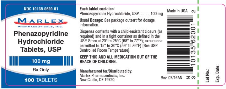 NDC: <a href=/NDC/10135-0620-0>10135-0620-0</a>1
Phenazopyridine
Hydrochloride
Tablets, USP
100 mg
Rx Only
100 TABLETS
