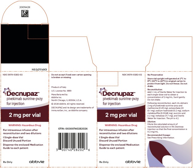 PRINCIPAL DISPLAY PANEL
NDC: <a href=/NDC/0074-0282-02>0074-0282-02</a>
DecnupazTM 
pivekimab sunirine-pvzy
for injection

2 mg per vial

WARNING: Hazardous Drug

For intravenous infusion after
reconstitution and two dilutions

1 Single-dose Vial
Discard Unused Portion

Dispense the enclosed Medication
Guide to each patient

Rx Only
abbvie

