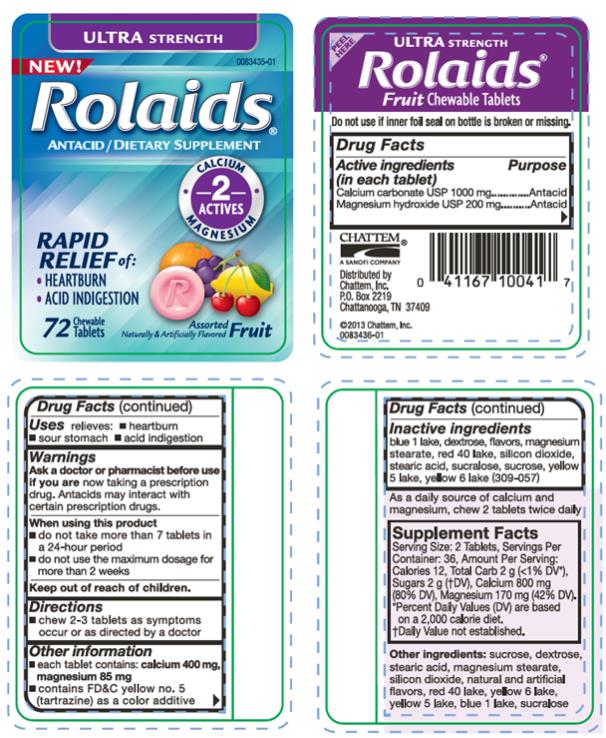 ULTRA STRENGTH ANTACID
Rolaids®
Rapid Relief of:
Heartburn
Acid Indigestion
72 Chewable Tablets
Assorted Fruit
