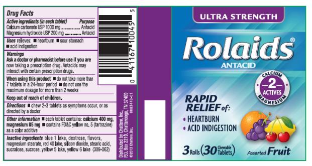 ULTRA STRENGTH 
Rolaids®
ANTACID
Rapid Relief of:
Heartburn
Acid Indigestion
3 Rolls 
30 Chewable Tablets
Assorted Fruit 
