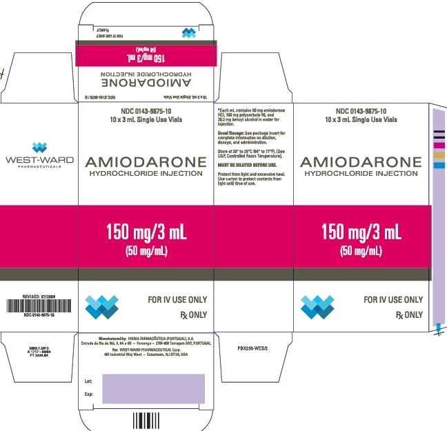 NDC: <a href=/NDC/0143-9875-10>0143-9875-10</a> 10 x 3 mL Single Use Vials AMIODARONE HYDROCHLORIDE INJECTION 150 mg/3 mL (50 mg/mL) FOR IV USE ONLY Rx ONLY *Each mL contains 50 mg amiodarone HCl, 100 mg polysorbate 80, and 20.2 mg benzyl alcohol in water for injection. Usual Dosage: See package insert for complete information on dilution, dosage, and administration. Store at 20º to 25ºC (68º to 77ºF). [See USP, Controlled Room Temperature]. MUST BE DILUTED BEFORE USE. Protect from light and excessive heat. Use carton to protect contents from light until time of use.