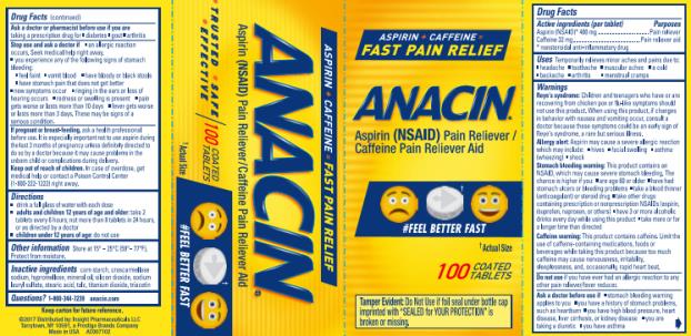 ANACIN ®

Aspirin (NSAID) Pain Reliever / Caffeine Pain Reliever Aid
100 COATED TABLETS
