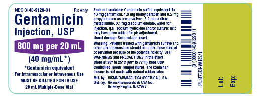 Gentamicin Injection, USP 800 mg per 20 mL Container Label