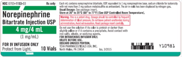 Norepinephrine Bitartrate Injection USP 1 mg/mL, 4 mL x 10 Vials Carton