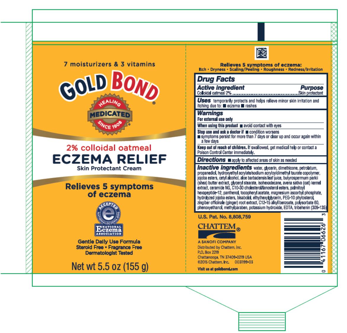 7 moisturizers & 3 vitamins
GOLD BOND® 
2 % colloidal oatmeal
ECZEMA RELIEF
Skin Protectant Cream
Net wt 5.5 oz (155 g)
