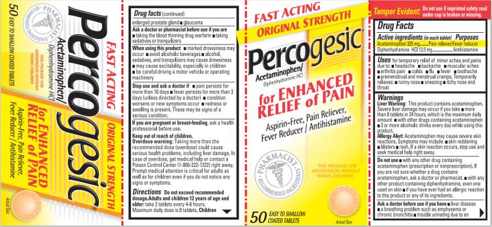PRINCIPAL DISPLAY PANEL
FAST ACTING ORIGINAL STRENGTH
Percogesic®
Acetaminophen/Diphenhydramine
for ENCHANCED
RELIEF of PAIN
Aspirin-Free, Pain Reliever,
Fever Reducer/ Antihistamine
See new warnings information.
90 EASY TO SWALLOW COATED TABLETS
