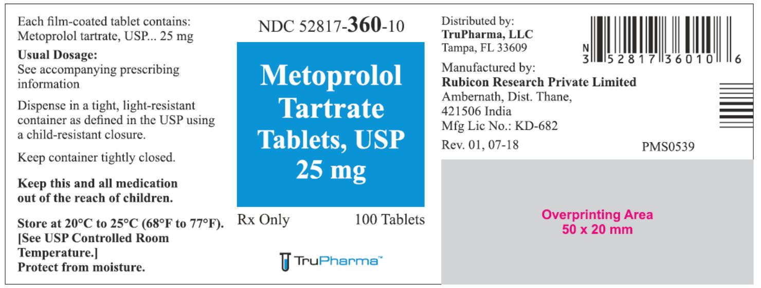 Metoprolol Tartrate Tablets, USP 25 mg - 100 Tablets - NDC: <a href=/NDC/52817-360-10>52817-360-10</a>