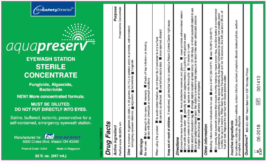 theSafetyDirector aquapreserv Eyewash Station Sterile Concentrate label