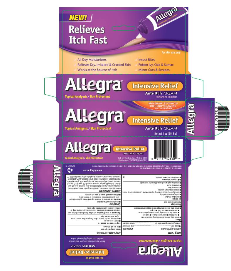 NEW!
Relieves Itch Fast
for skin use only
√ All Day Moisturizers
√ Insect Bites
√ Relieves Dry, Irritated & Cracked Skin
√ Poison Ivy, Oak & Sumac
√ Works at the Source of Itch
√ Minor Cuts & Scrapes
Allegra®
MAXIMUM STENGTH
DIPHENHYDRAMINE
plus ALLANTOIN
Intensive Relief
Anti-Itch CREAM
Histamine-Blocker
Topical Analgesic/Skin Protectant
Net wt 1 oz (28.3 g)
