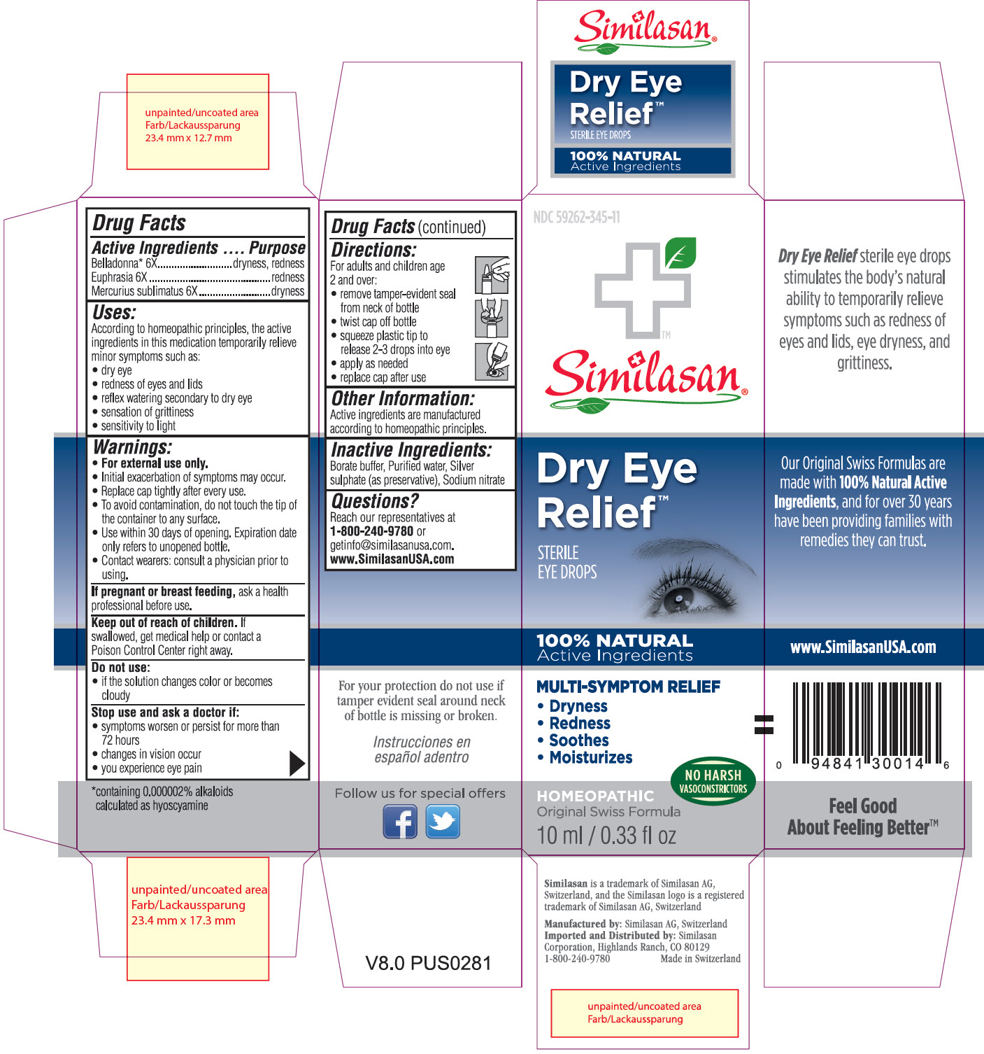 NDC: <a href=/NDC/59262-345-11>59262-345-11</a> Similasan Dry Eye Relief Sterile Eye Drops 10 ml / 0.33 fl oz