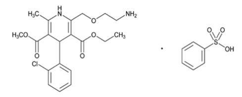 The structural formula for amlodipine besylate is chemically described as 3 ethyl 5-methyl (±)-2-[(2-aminoethoxy)methyl]-4-(2-chlorophenyl)-1,4-dihydro-6-methyl-3,5-pyridinedicarboxylate, monobenzenesulphonate.  Its empirical formula is C20H25CIN2O5C6H6O3S. 