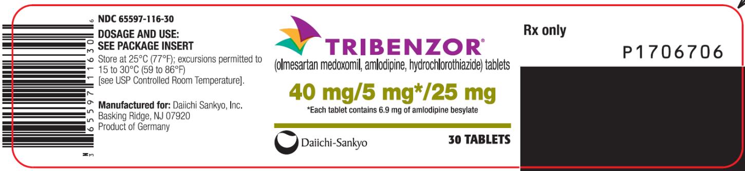 PRINCIPAL DISPLAY PANEL
NDC: <a href=/NDC/65597-116-30>65597-116-30</a>
TRIBENZOR
(olmesartan medoxomil, amlodipine, hydrochlorothiazide) tablets
40 mg/5 mg* 25 mg
30 Tablets
Rx Only
