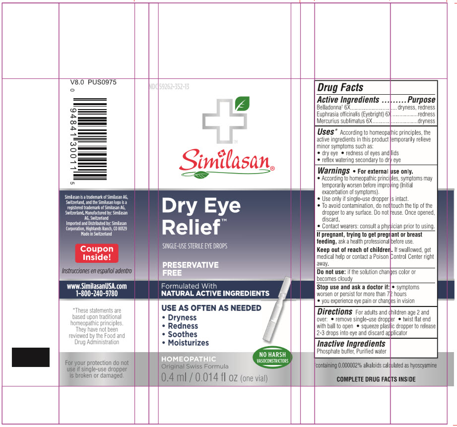 NDC: <a href=/NDC/59262-352-13>59262-352-13</a> Similasan Dry Eye Relief SINGLE-USE STERILE EYE DROPS Preservative Free 0.4 ml/ 0.014 fl oz each