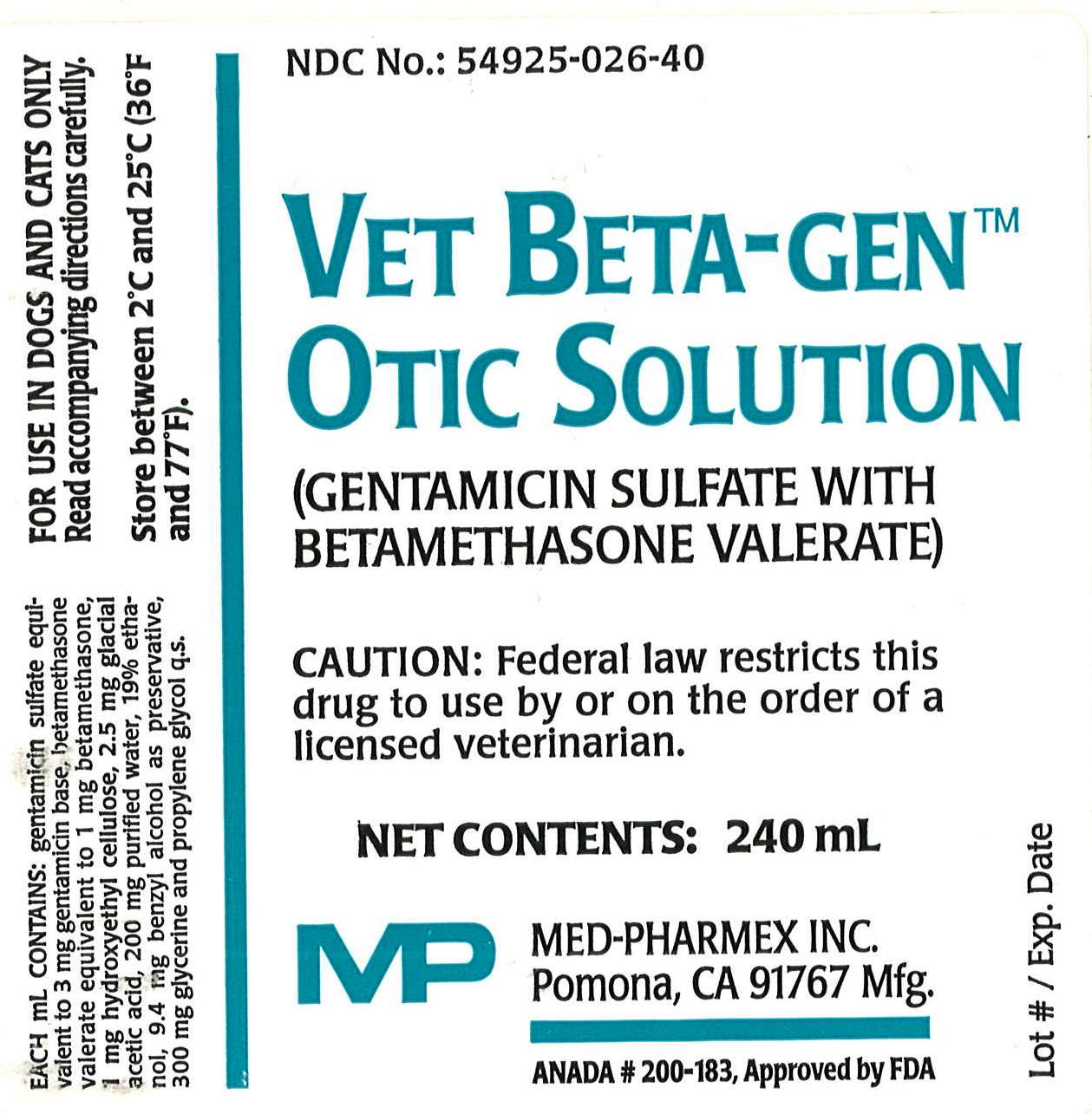 Vet Beta Gen Otic Solution Label 240mL